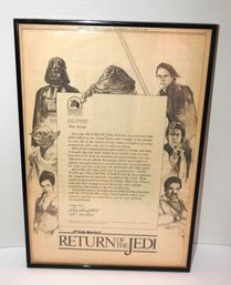 1983 Framed 15 X 22 Star Wars Wall Street Journal Hirscfield To George Congrats Letter