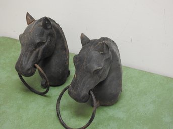 Pair Of Vintage Cast Iron Horse Head Fence Post Toppers