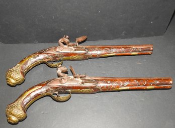 Pair Of Antique Brass & Wood Flintlock Pistols - NO SHIPPING