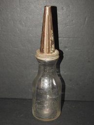 1920s Huffman Oil Embossed Glass Bottle With Metal Spout