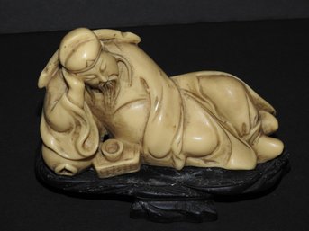 Asian Carved SIGNED Faux Ivory Resting Emperor Statue