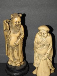 SIGNED Asian Carved Faux Ivory Peasant Couple Statues