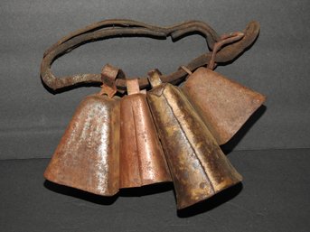 Antique Set Of 4  Cowbells With Leather Collar