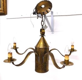 Five Light Country Folk Art Punched Brass Finish Tin Light Chandelier With 3 Way Switch