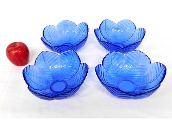 Four Cobalt Cabbage Leaf Glass Salad Bowls For Summer