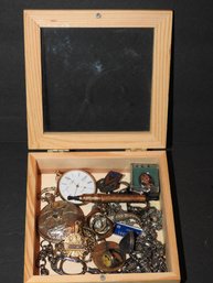 Box Of Vintage Smalls Pocket Watches Jewelry Rings And More