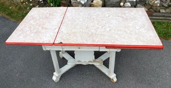 A Wonderful Country Kitchen Enamel Top Work Table In Reds, Mauve & White