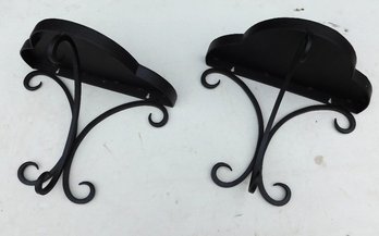 Matte Black Wrought Iron Hanging Wall Shelves With Fleur De' Lis' Style Bases.