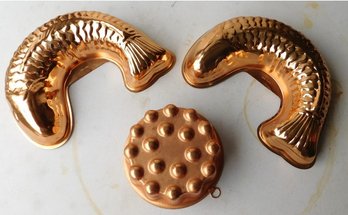 Three Aluminum Pumpkin Copper Color Baking Molds - 2 Fish And A Jello/cake Mold