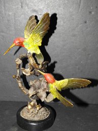 Vintage Painted Bronze Feeding Hummingbirds Statue On Marble Base