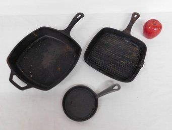 Three Cast Iron Pans, A Jones 1889 Square Skillet, Benjamin & Medwin Grill Pan And Small Egg Skillet