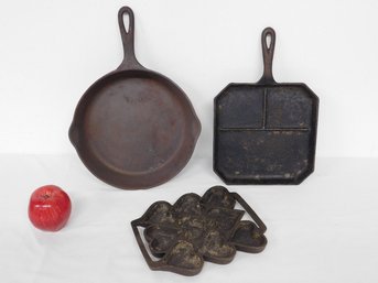 Three Cast Iron Cookware Pans & Heart Shaped Muffin Pan - Grill Pan, Skillet