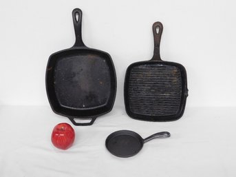 3 Cast Iron Camping / Cooking Cast Iron Pans - Fish / Grill Pan, Square Skillet And Small Egg Skillet