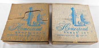 Two Vintage Boxed Sets Of Federal Glass Co. Homestead Snack Sets C.1950's Still In Their Boxes