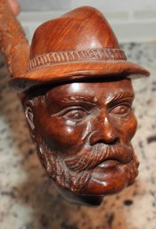 Amazing 12 Inch Carved Wooden Man In Hat Smoking Pipe