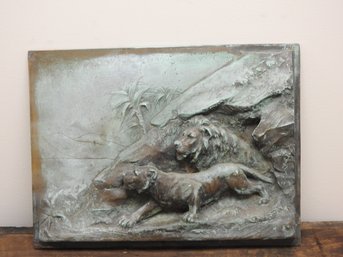 Antique Lion & Lioness Bronze Relief Wall Hanger Art