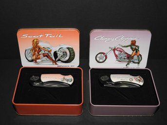 Pair Of Motorcycle Handled Folding Knives In Tin Cases