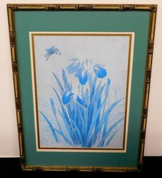 A David Wang (China, B.-1960) Floral Print With Butterfly On Rice Paper, A Listed Chinese Artist Nicely Framed