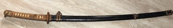 Old Highly Detailed Bronze Samurai Sword With Wooden Scabbard