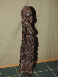 Heavy Ebony African Mother & Children Carved Wooden Statue