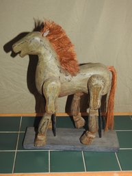 Carved Wooden Horse With Jointed Legs Statue