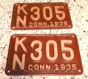 1935 Matching Pair Of Red Steel Connecticut License Plates