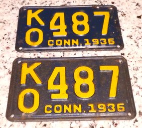 Matching Pair Of 1936 Blue Steel Connecticut License Plates