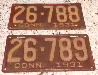 Matching Pair Of 1931 Brown Steel Connecticut License Plates