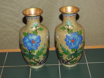 2 Asian Cloisonne Brass Hand Painted Vases