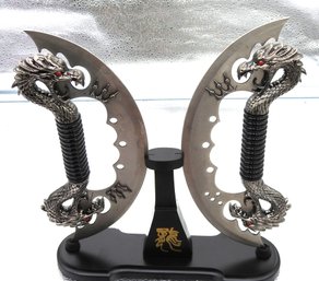 Very Sharp Set Of 2 Hand Held Dragon Handle Fantasy Knives With Stand