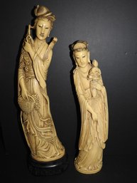 2 Vintage Highly Detailed Signed Ivory Style Replica Asian Lady Statues