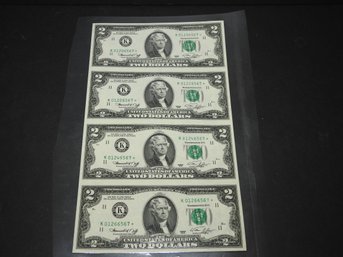 RARE Uncut Sheet 1976 SAME SERIAL NUMBERS STAR NOTE Two Dollar Bills Laminated For Protection Great Shape