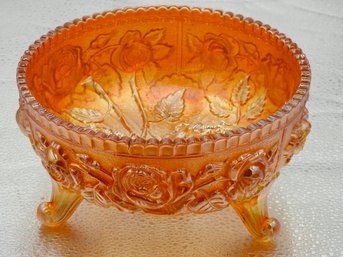 G64 Early Marigold 3 Foot Rose Pattern Carnival Glass Bowl