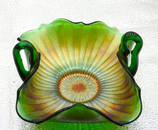 G71 Early Northwood Green Double Handle Carnival Glass Dish