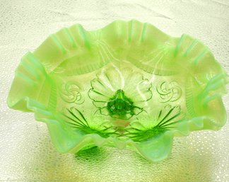G74 Early Fenton Green Opalescent Carnival Glass Compote