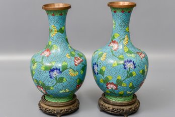 Pair Of Antique Chinese Cloisonne Vases With Carved Wooden Stands