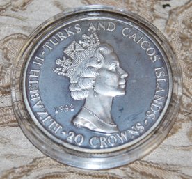 1993 Turks And Caicos Twenty Crown, One Ounce Silver Coin