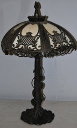 Decorative Metal Table Lamp With Art Glass Shades And Floral Motif