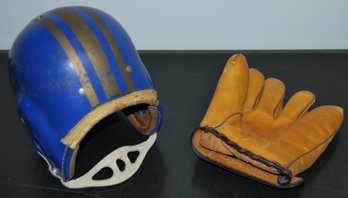 Vintage Football Helmet And Baseball Glove