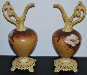 Pair Of Hand Painted, Vintage Ewers Vases With Griffens.