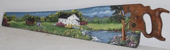 Beautiful Hand Painted Folk Art Handsaw With Scenes On Both Sides. Signed M. Adams