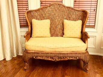 Woven Wicker Settee With Cushion And Matching Throw Pillows