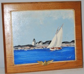 Hand Painted Boat Scene On Wood Signed R.S. Erhardt 1989