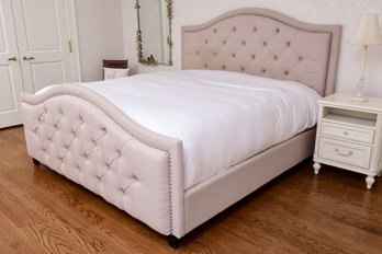 King Size Linen Tufted Back Upholstered Bed Frame With Nail Stud Detailing