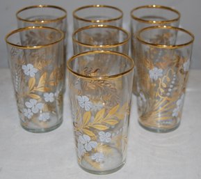 Vintage Set Of Seven Libbey Gold And White Painted Tumblers With Floral Design.