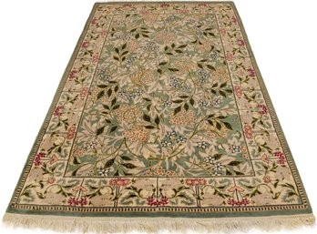 Hand Knotted Wool Area Rug With Floral And Leaf Motif