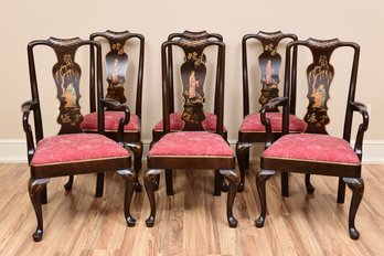 Set Of Six Henredon Queen Anne Style Chinoiserie Custom Upholstered Dining Room Chairs