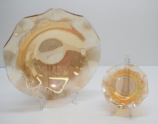 Two Gorgeous Amber Carnival Glass Bowls