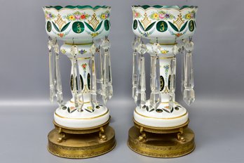 Pair Of Antique Bohemian Art Glass Luster Lamps With Brass Base And Crystal Prisms