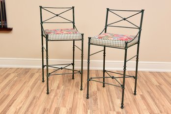 Pair Of Bar Height Metal Stools With Fruit Themed Cushions